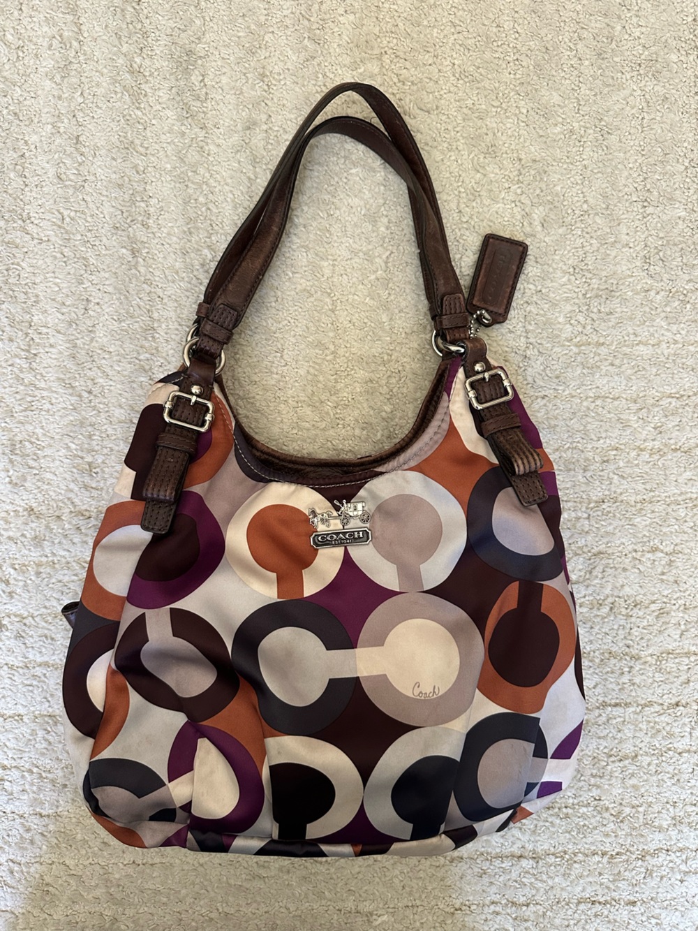 Coach Circle Print Nylon Shoulder Bag in Brown and Plum